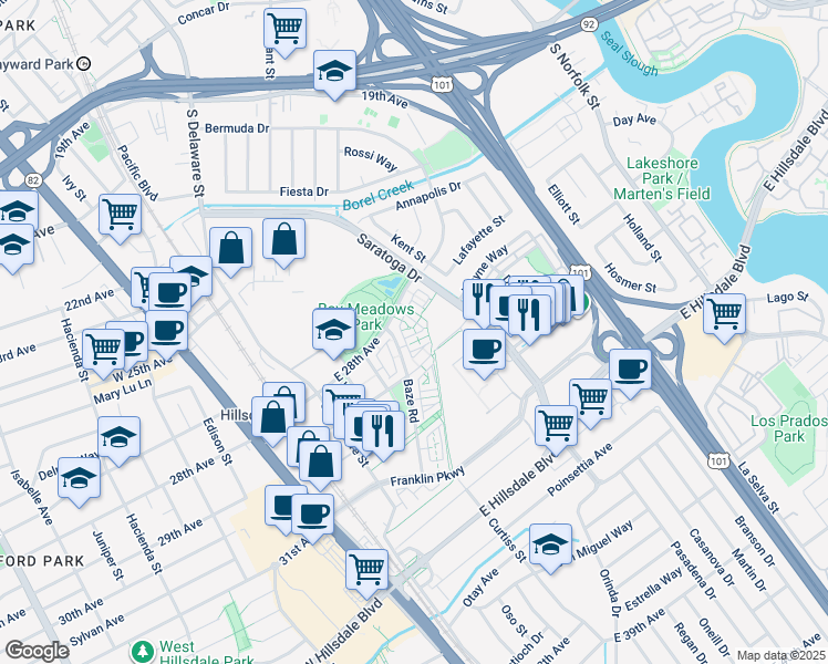 map of restaurants, bars, coffee shops, grocery stores, and more near 475 Landeros Drive in San Mateo