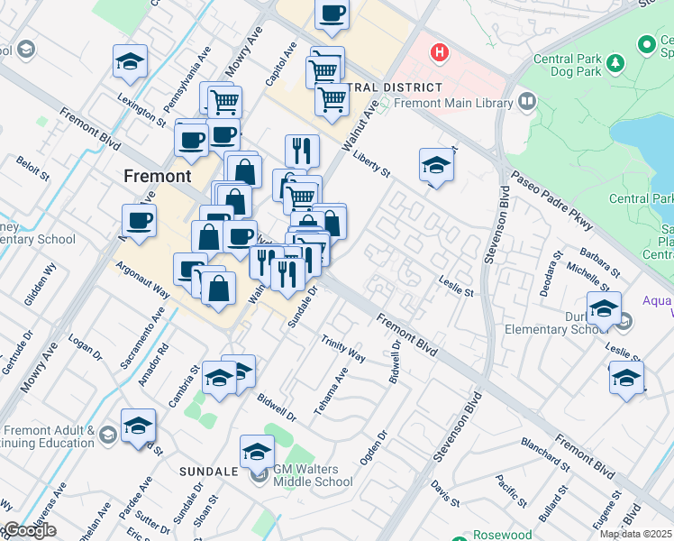 map of restaurants, bars, coffee shops, grocery stores, and more near 39500 Fremont Boulevard in Fremont