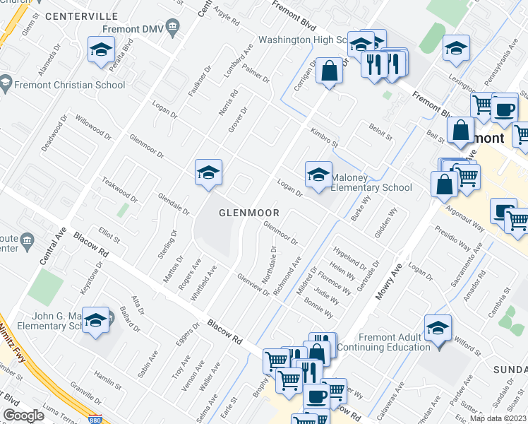 map of restaurants, bars, coffee shops, grocery stores, and more near 4589 Mayfield Court in Fremont