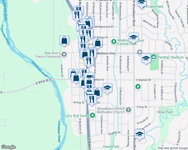 map of restaurants, bars, coffee shops, grocery stores, and more near 219 North Georgie Avenue in Derby