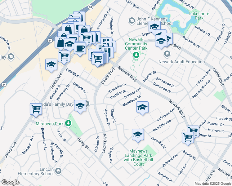 map of restaurants, bars, coffee shops, grocery stores, and more near 6197 Castillon Drive in Newark