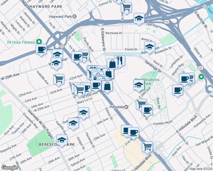 map of restaurants, bars, coffee shops, grocery stores, and more near East 25th Avenue in San Mateo