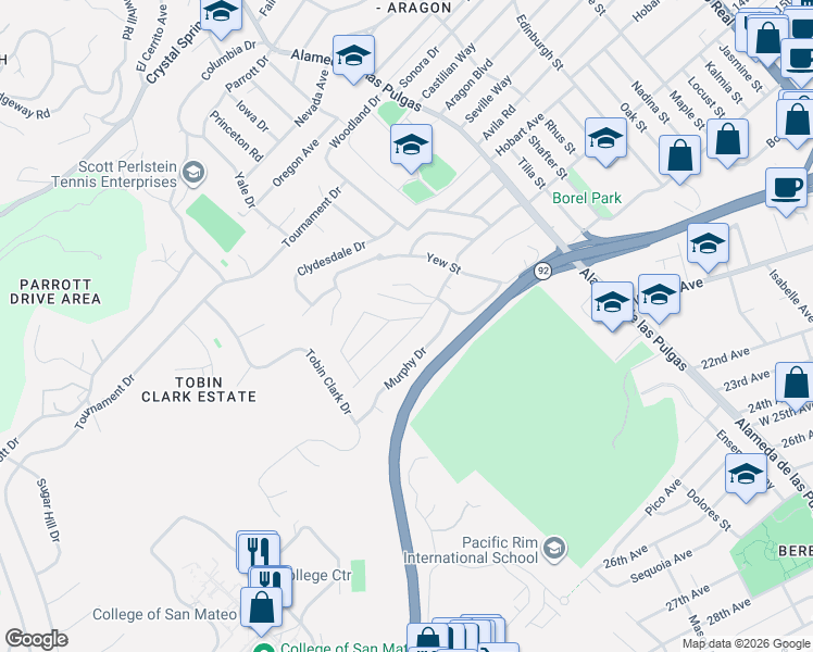 map of restaurants, bars, coffee shops, grocery stores, and more near 706 Barneson Avenue in San Mateo