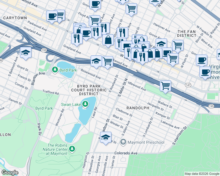 map of restaurants, bars, coffee shops, grocery stores, and more near 2104 Maplewood Avenue in Richmond