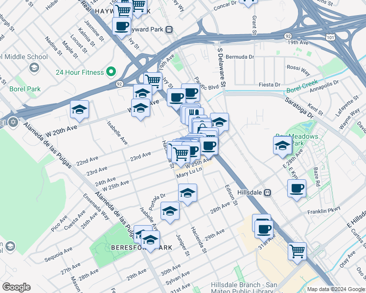 map of restaurants, bars, coffee shops, grocery stores, and more near 111 23rd Avenue in San Mateo