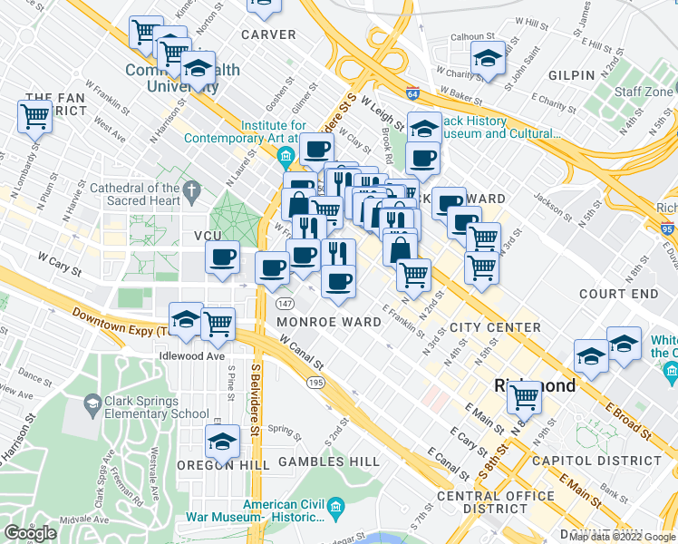 map of restaurants, bars, coffee shops, grocery stores, and more near W Franklin St & N Jefferson St in Richmond