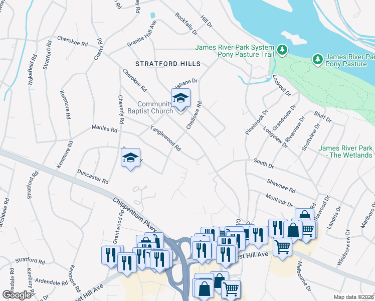 map of restaurants, bars, coffee shops, grocery stores, and more near 7452 Tanglewood Road in Richmond