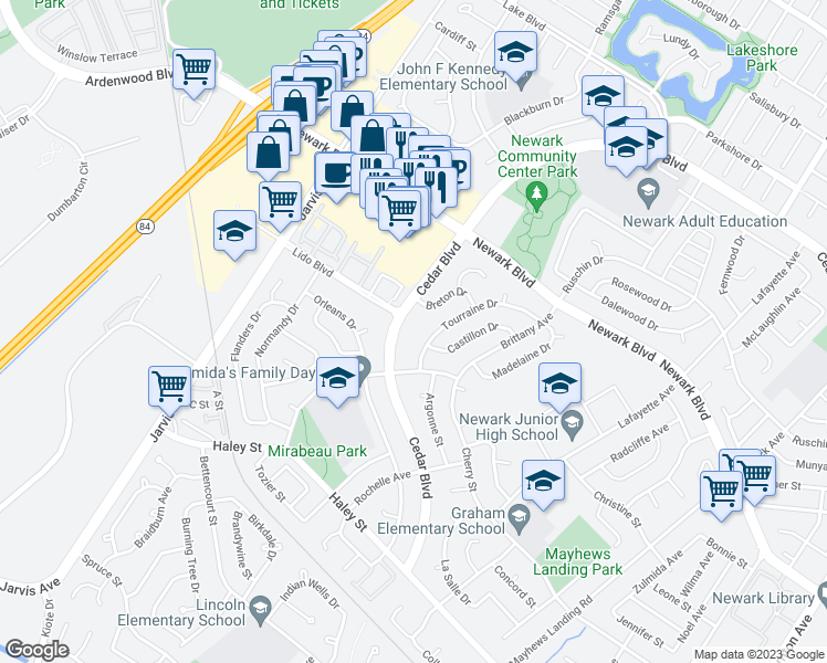 map of restaurants, bars, coffee shops, grocery stores, and more near 6238 Cedar Boulevard in Newark