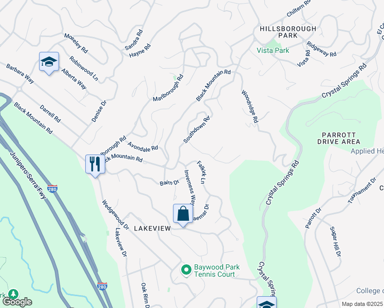 map of restaurants, bars, coffee shops, grocery stores, and more near 35 Falkirk Lane in Hillsborough