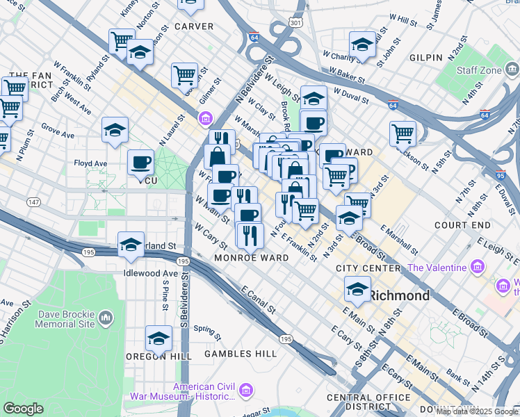 map of restaurants, bars, coffee shops, grocery stores, and more near 104 West Franklin Street in Richmond