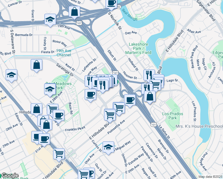 map of restaurants, bars, coffee shops, grocery stores, and more near 1100 Park Place in San Mateo