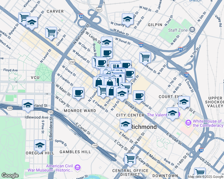 map of restaurants, bars, coffee shops, grocery stores, and more near 112 U.S. 33 in Richmond