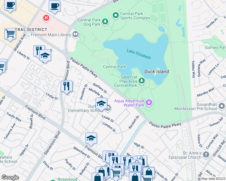 map of restaurants, bars, coffee shops, grocery stores, and more near in Fremont