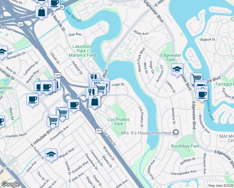 map of restaurants, bars, coffee shops, grocery stores, and more near 3015 Los Prados Street in San Mateo