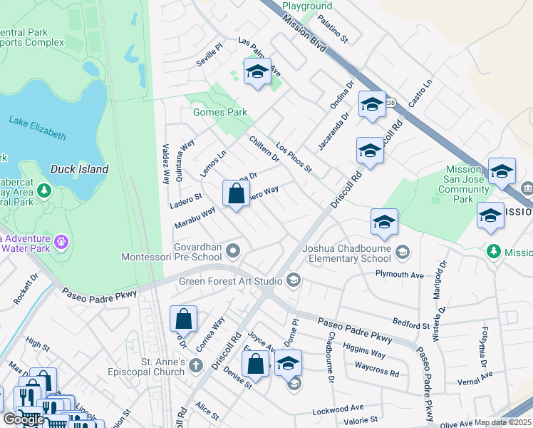 map of restaurants, bars, coffee shops, grocery stores, and more near 40928 Cascado Place in Fremont