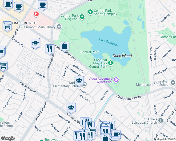map of restaurants, bars, coffee shops, grocery stores, and more near in Fremont