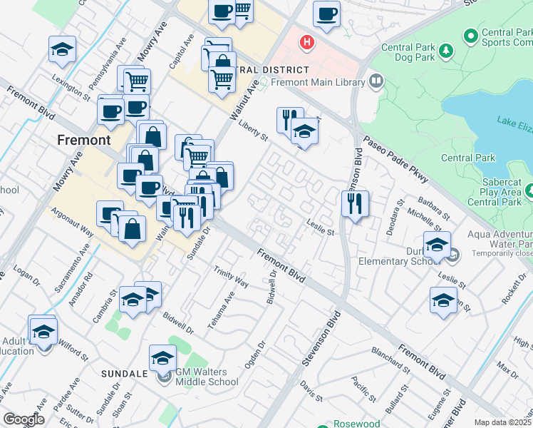 map of restaurants, bars, coffee shops, grocery stores, and more near 34 Leslie Street in Fremont