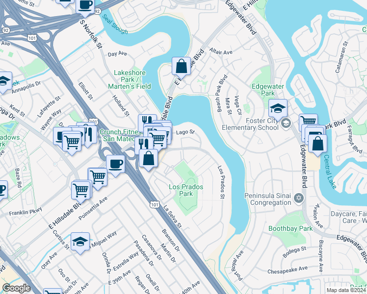 map of restaurants, bars, coffee shops, grocery stores, and more near 3015 Los Prados Street in San Mateo