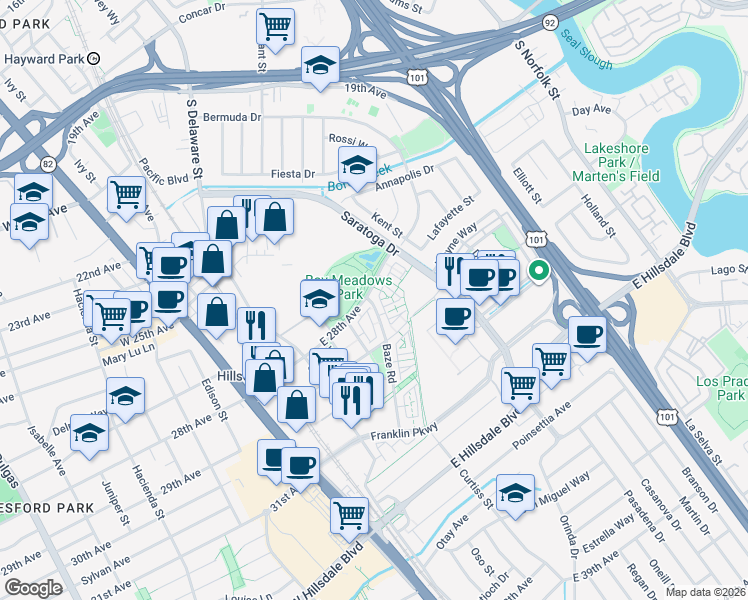 map of restaurants, bars, coffee shops, grocery stores, and more near 388 East 28th Avenue in San Mateo