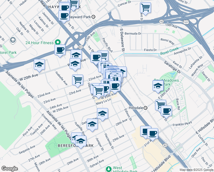 map of restaurants, bars, coffee shops, grocery stores, and more near 20 24th Avenue in San Mateo