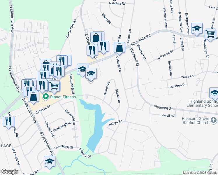 map of restaurants, bars, coffee shops, grocery stores, and more near 207 Seaton Drive in Richmond
