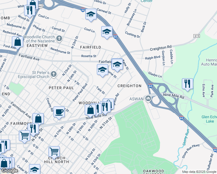 map of restaurants, bars, coffee shops, grocery stores, and more near 2819 Purcell Street in Richmond