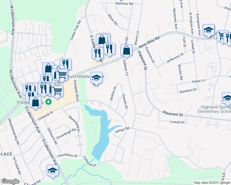 map of restaurants, bars, coffee shops, grocery stores, and more near 207 Seaton Drive in Richmond
