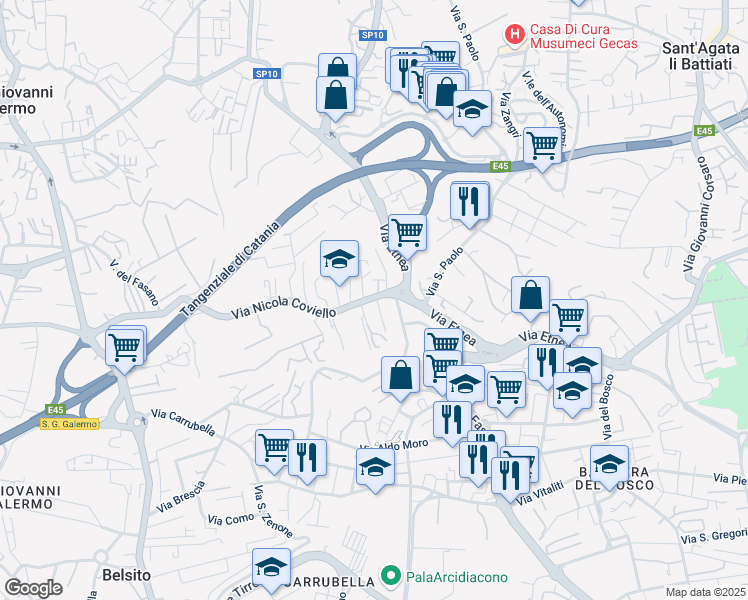 map of restaurants, bars, coffee shops, grocery stores, and more near 3 Via Donato Bramante in Gravina di Catania