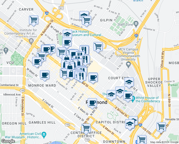 map of restaurants, bars, coffee shops, grocery stores, and more near 401 North 3rd Street in Richmond