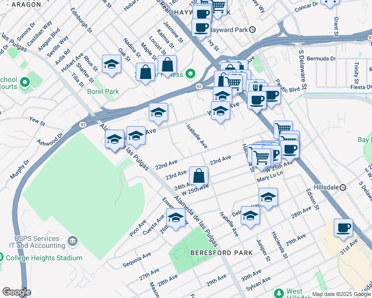 map of restaurants, bars, coffee shops, grocery stores, and more near 2139 Balmoral Court in San Mateo