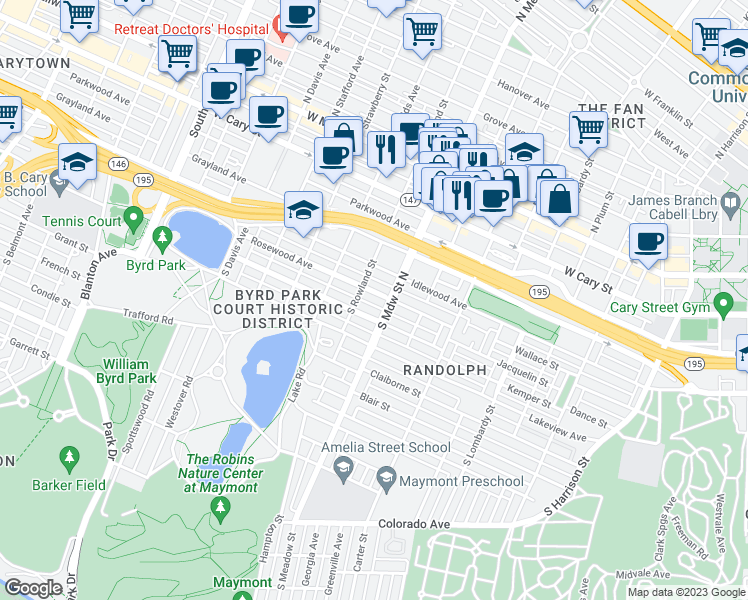 map of restaurants, bars, coffee shops, grocery stores, and more near 2013 Rosewood Avenue in Richmond