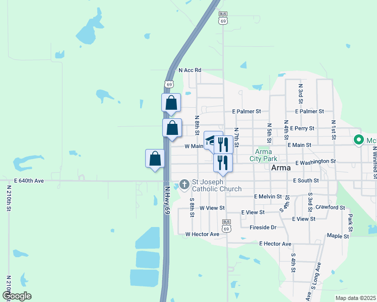 map of restaurants, bars, coffee shops, grocery stores, and more near 203-499 West Main Street in Arma