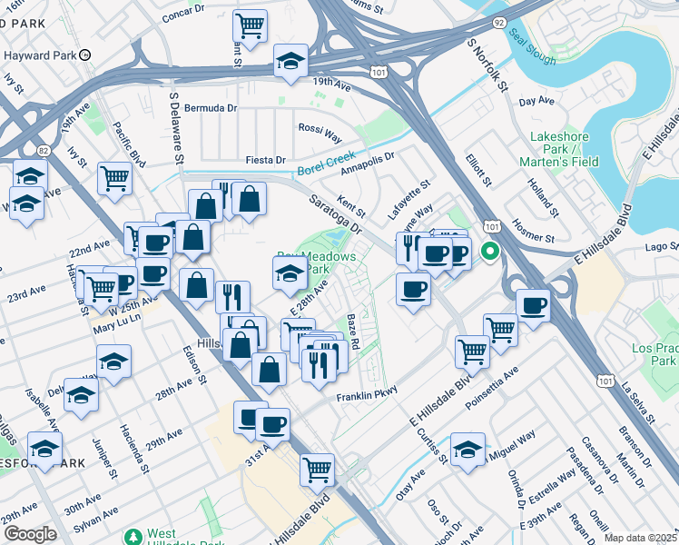 map of restaurants, bars, coffee shops, grocery stores, and more near 406 East 28th Avenue in San Mateo