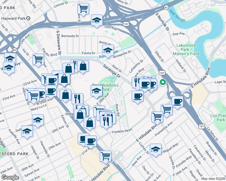 map of restaurants, bars, coffee shops, grocery stores, and more near 388 East 28th Avenue in San Mateo