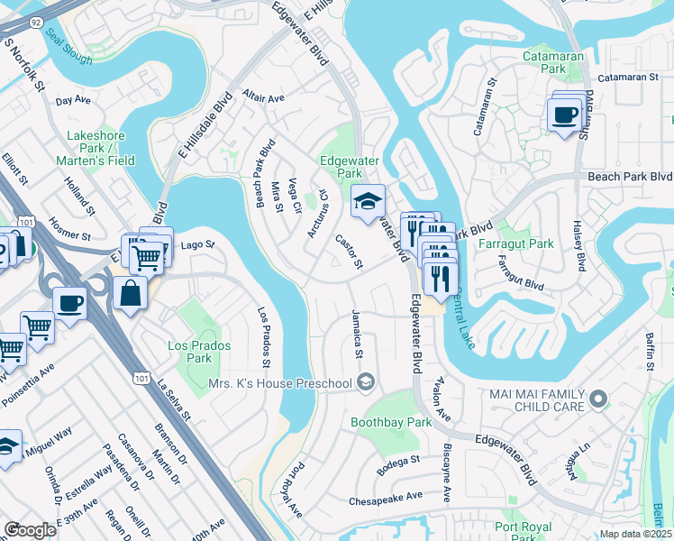 map of restaurants, bars, coffee shops, grocery stores, and more near 850 Pollux Court in Foster City