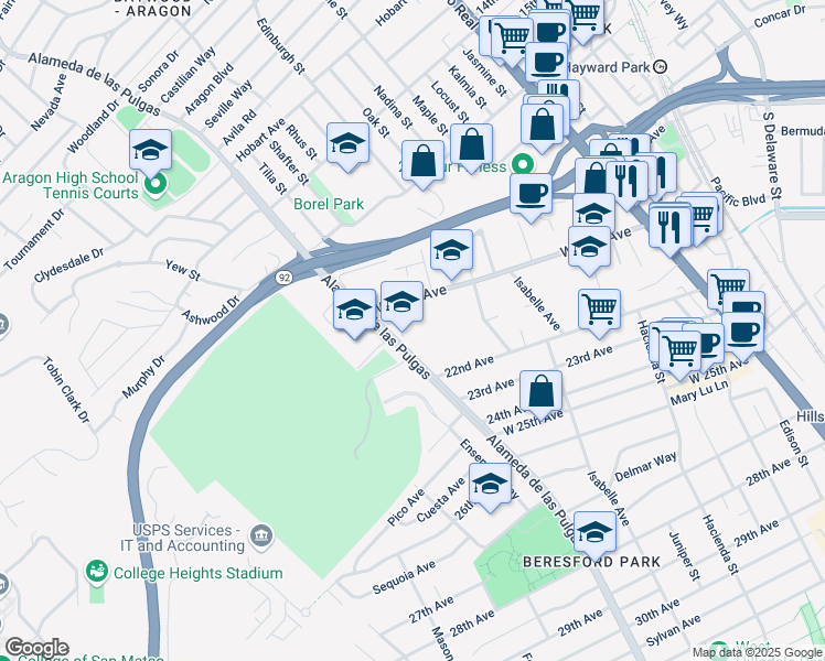map of restaurants, bars, coffee shops, grocery stores, and more near 2033 La Salle Drive in San Mateo