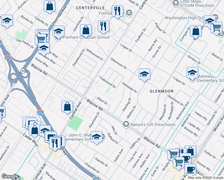 map of restaurants, bars, coffee shops, grocery stores, and more near 4845 Los Arboles Place in Fremont