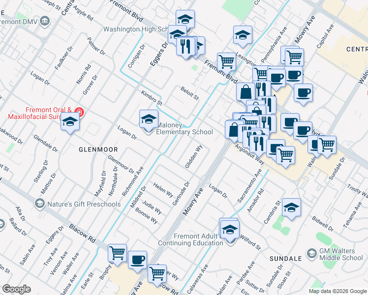 map of restaurants, bars, coffee shops, grocery stores, and more near 4397 Lorren Drive in Fremont