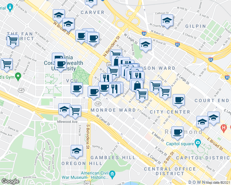 map of restaurants, bars, coffee shops, grocery stores, and more near 202 West Franklin Street in Richmond