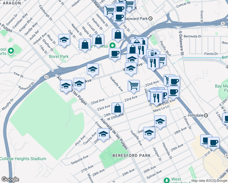 map of restaurants, bars, coffee shops, grocery stores, and more near 2139 Balmoral Court in San Mateo