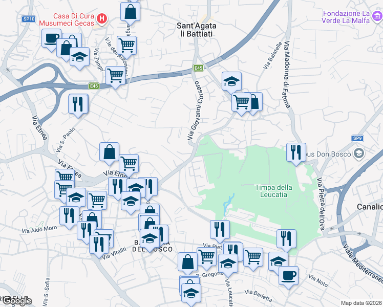 map of restaurants, bars, coffee shops, grocery stores, and more near 18A Via Barriera del Bosco in Sant'Agata li Battiati