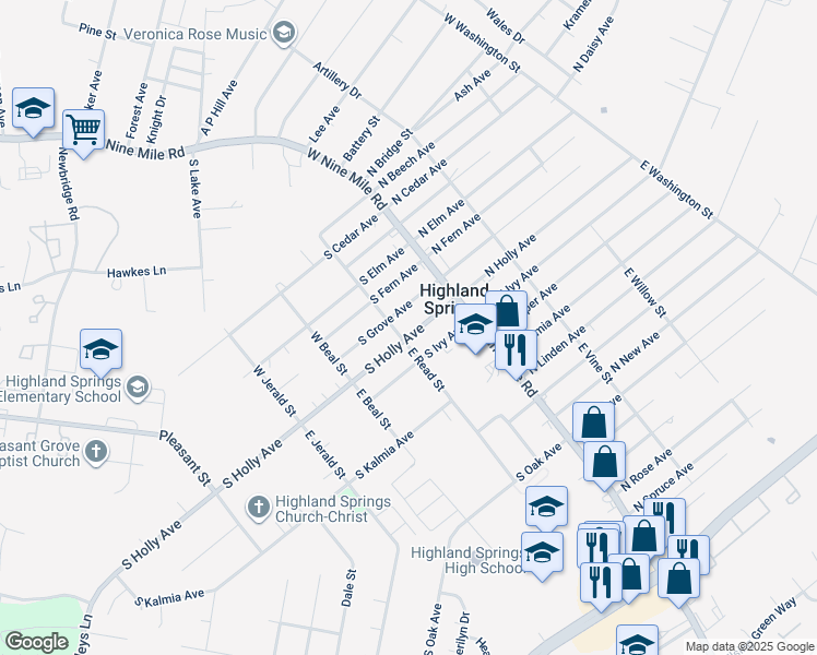 map of restaurants, bars, coffee shops, grocery stores, and more near 20 S Holly Ave in Highland Springs