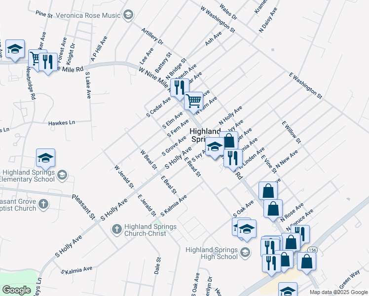 map of restaurants, bars, coffee shops, grocery stores, and more near 20 South Holly Avenue in Highland Springs