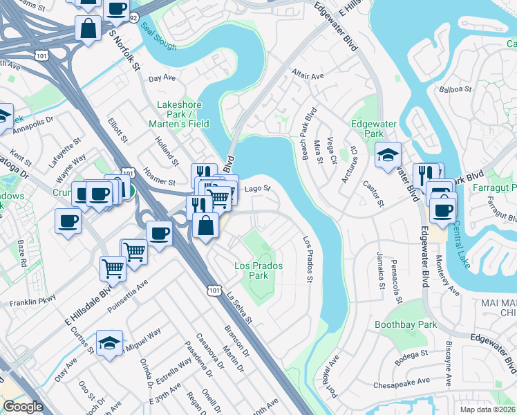map of restaurants, bars, coffee shops, grocery stores, and more near 3077 Los Prados Street in San Mateo