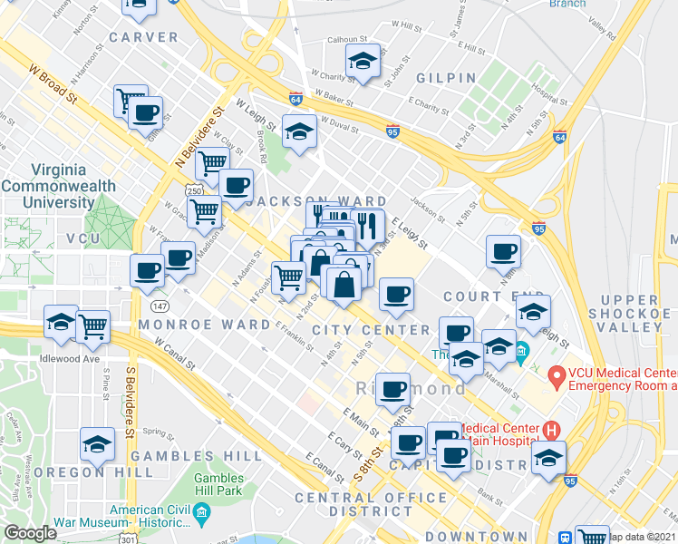 map of restaurants, bars, coffee shops, grocery stores, and more near 310n North 3rd Street in Richmond