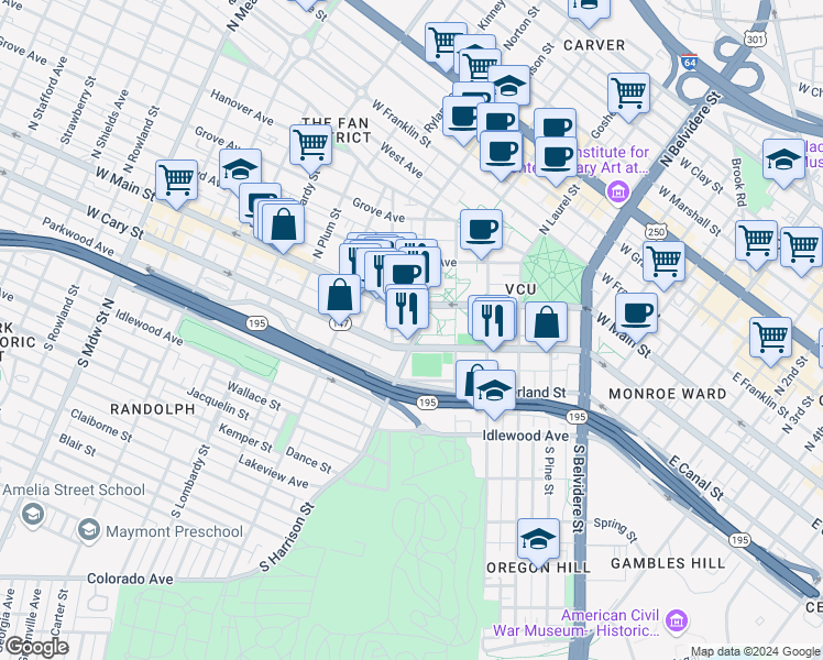 map of restaurants, bars, coffee shops, grocery stores, and more near 12 South Harrison Street in Richmond