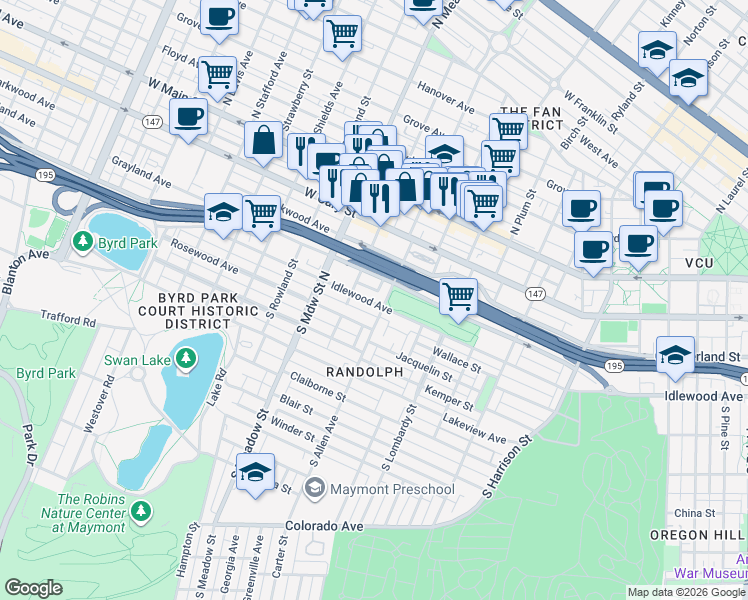 map of restaurants, bars, coffee shops, grocery stores, and more near 1819 Idlewood Avenue in Richmond