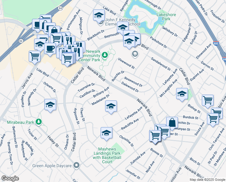 map of restaurants, bars, coffee shops, grocery stores, and more near 6048 Madelaine Drive in Newark
