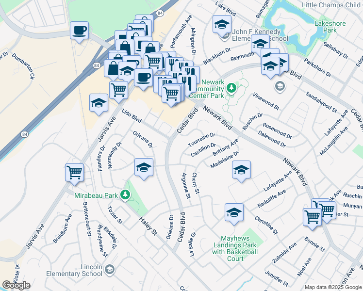 map of restaurants, bars, coffee shops, grocery stores, and more near 6214 Cedar Boulevard in Newark