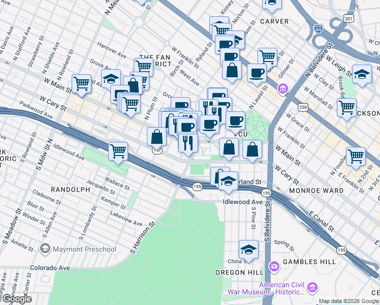 map of restaurants, bars, coffee shops, grocery stores, and more near 12 South Harrison Street in Richmond